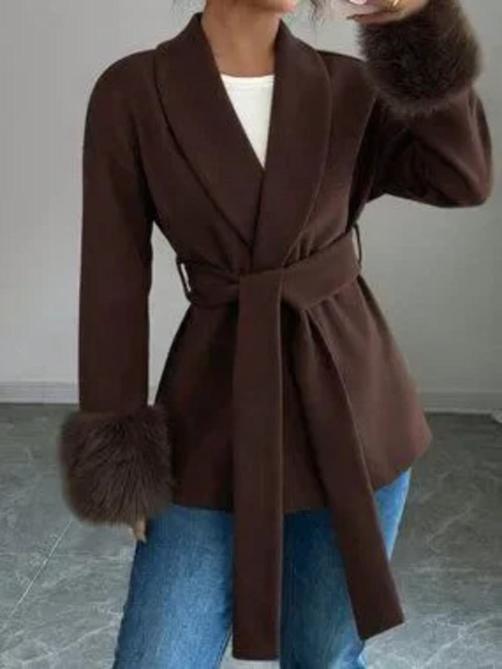Coffee Brown Casual Women's Faux Fur Trim Tie-Front Collared Long Sleeve Coat